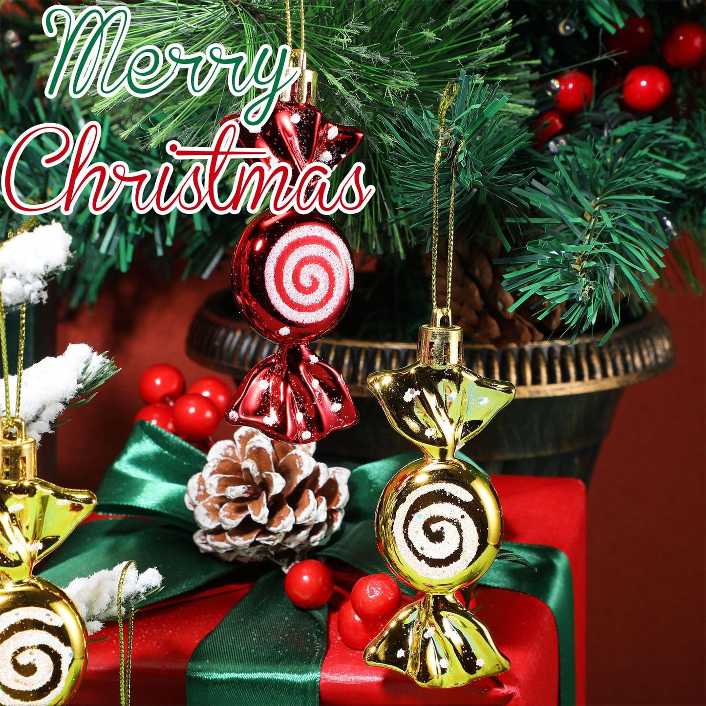 Threan 12 Pcs Christmas Candy Ornaments for Tree Decoration Hanging Glitter Candy Cane Christmas Peppermint Ornament with Golden Rope for Xmas Holiday Decoration(Red, Gold,Plastic)
