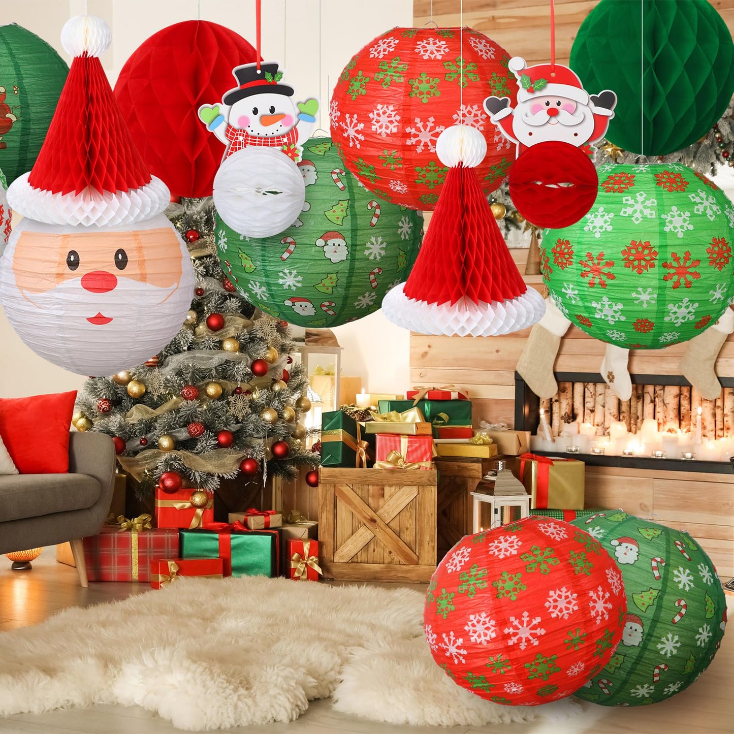 Gersoniel 24 Pcs Christmas Hanging Paper Lanterns Party Decorations Red and Green Christmas Lanterns Garland Set Honeycomb Santa Hat 3D Snowman Reindeer Holiday Xmas Ornaments Home Winter Party Decor