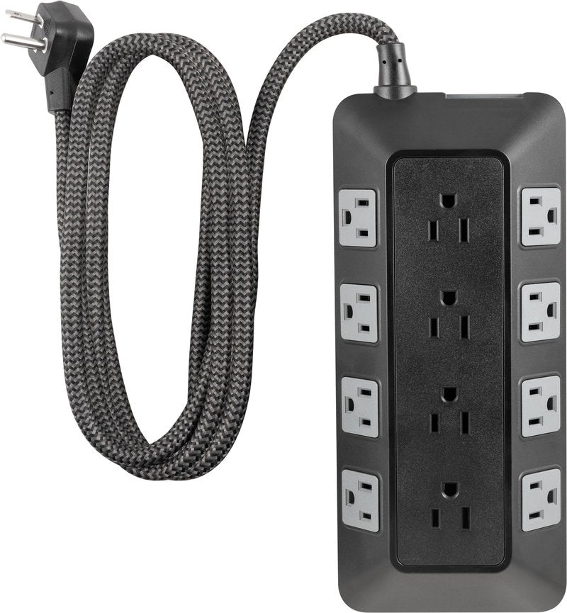 GE UltraPro Adapt 12-Outlet Surge Protector, 6ft Braided Heavy Duty Extension Cord, Flat Plug Power Strip, 3540 Joules, Black, 74542