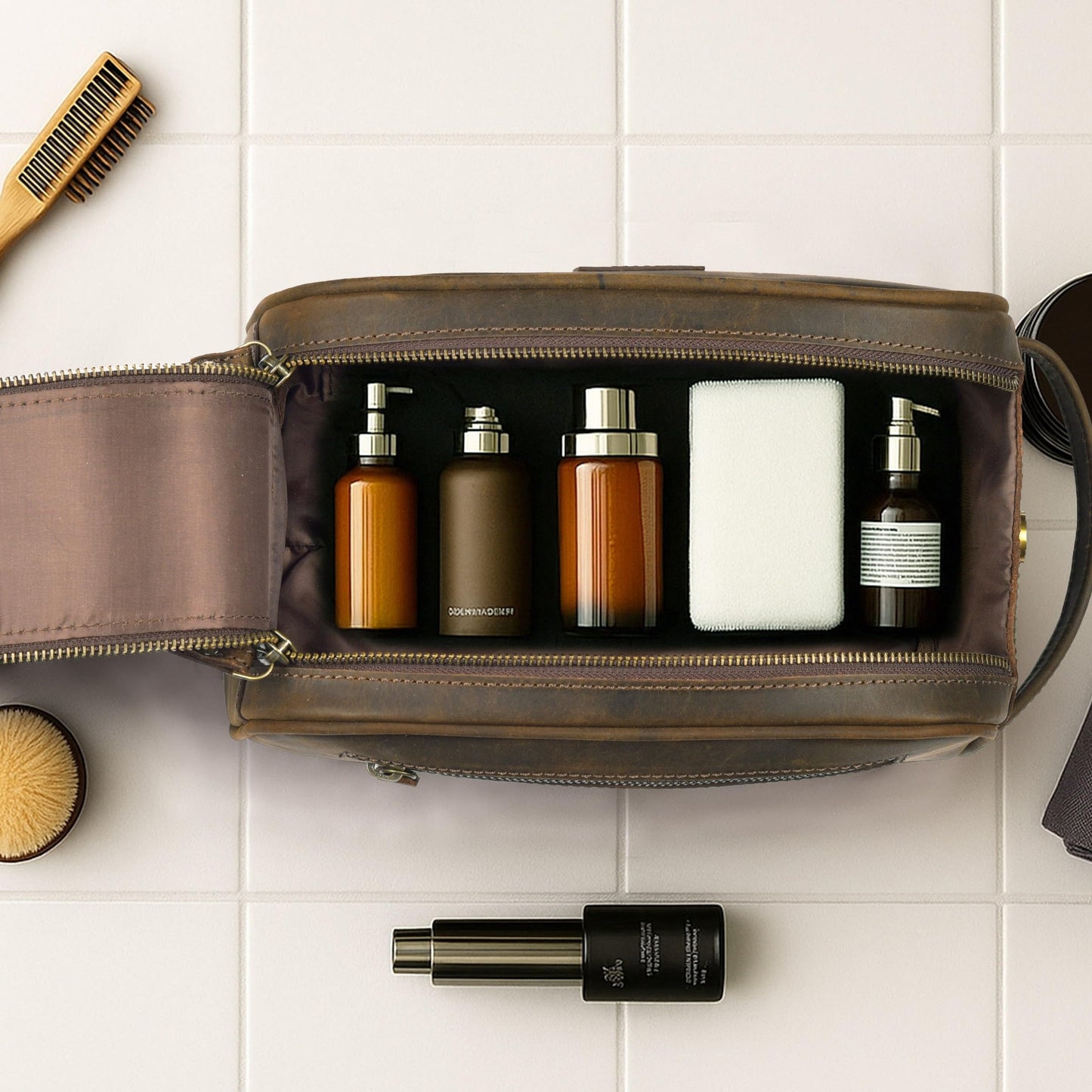 Rasavi Genuine Leather Travel Toiletry Bag, Handcrafted Vintage Water-Resistance Dopp Kit, Large Shaving & Bathroom Organizer - Gift for Men & Women - Rustic Town