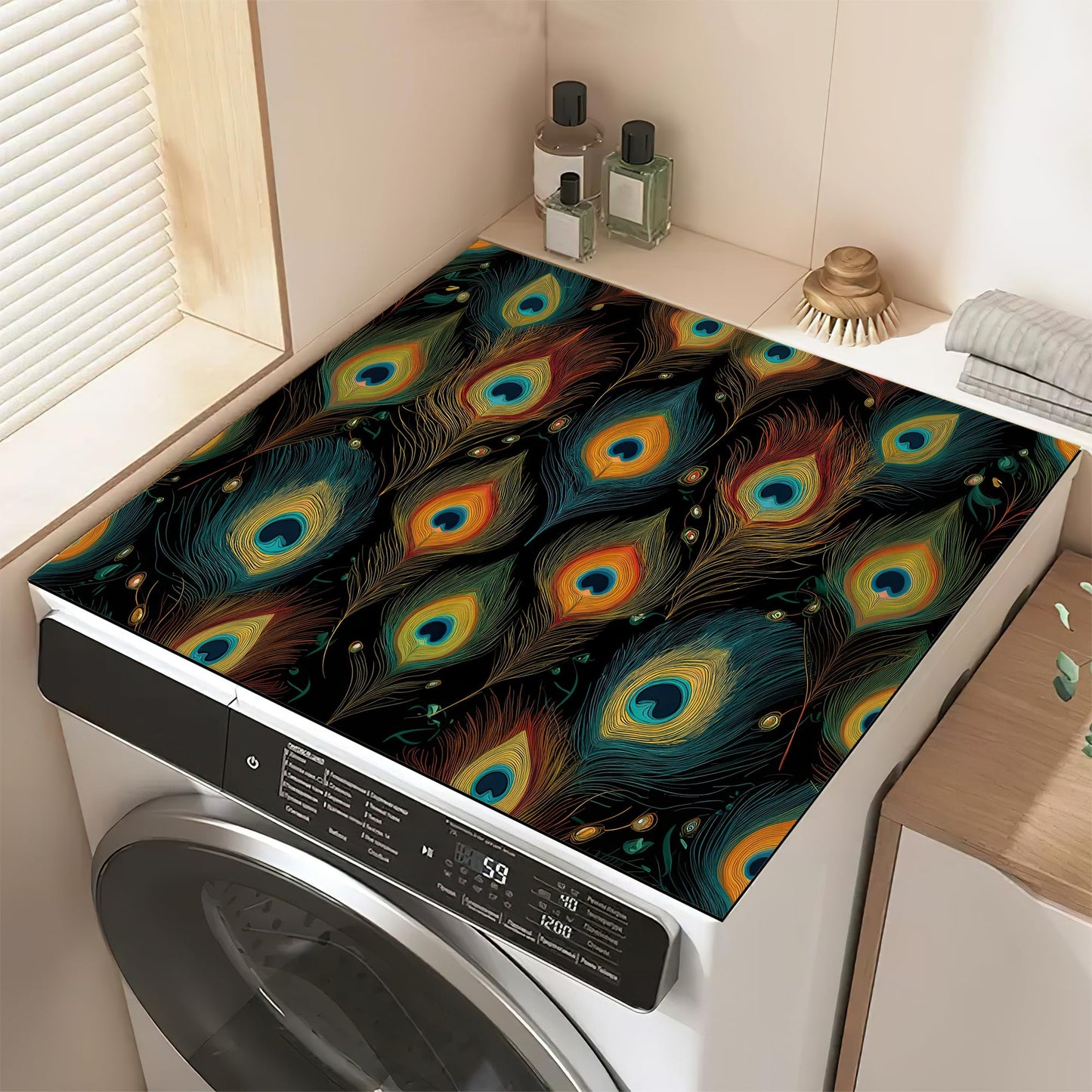 Green Peacock Feathers Washer and Dryer Covers for the Top, Non Slip Washing Machine Cover, Thickened & Dust Proof & Quick Drying Cover for Home Laundry Kitchen (23.6 x 19.7Inch)