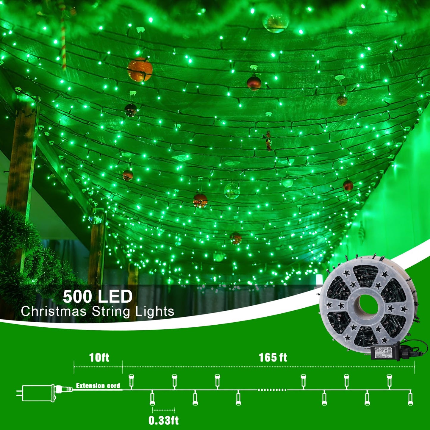 QITONG 500LED Green String Lights, 165ft Christmas Lights Outdoor Waterproof with Plug in, Green Wire Twinkle Tree Lights Indoor with 8 Modes