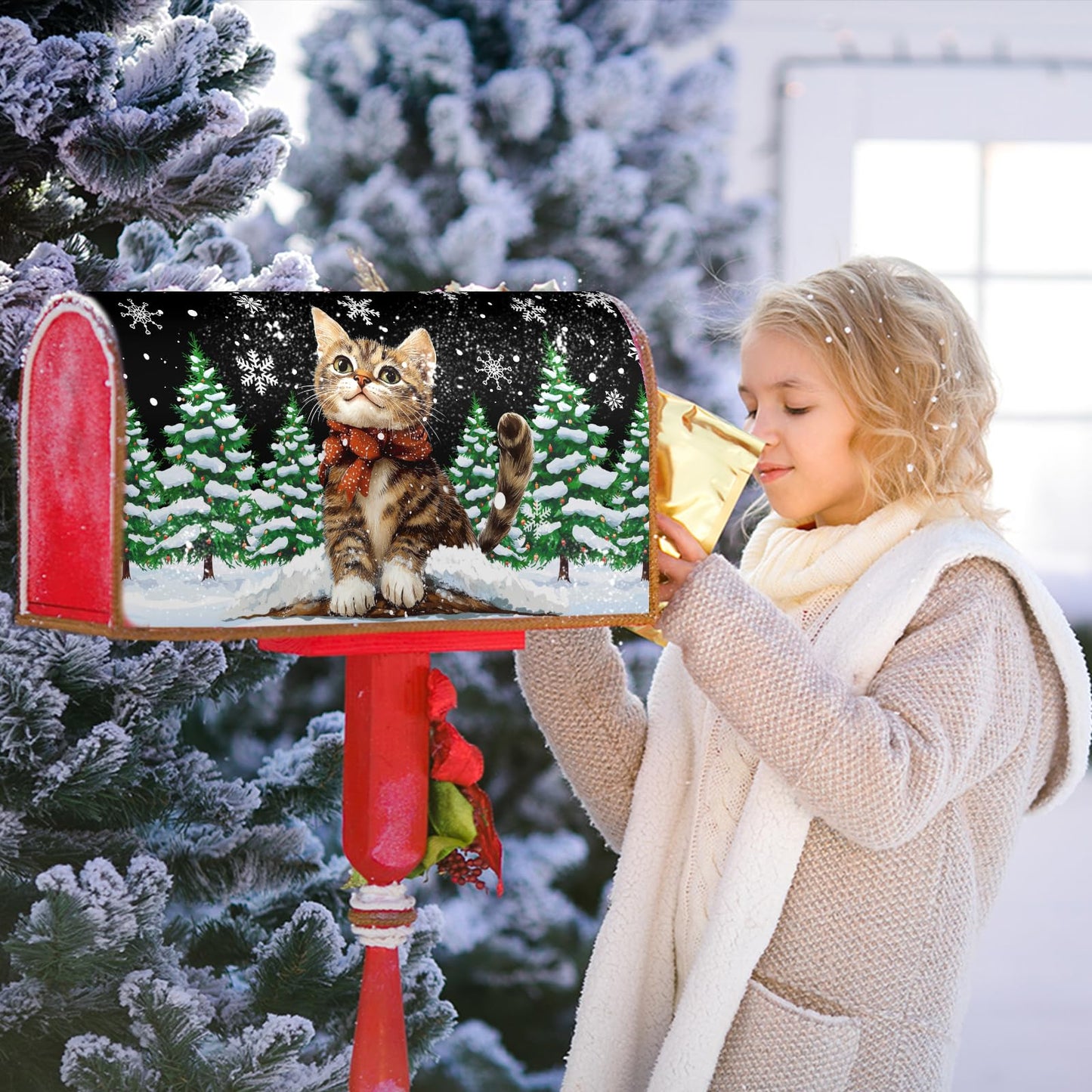 Winter Cat Mailbox Cover Magnetic Large Size 25”x21” Christmas Cat Mailbox Wraps Kitty Kitten Snow Pine Tree Decorative Post Letter Box Cover for Holiday Garden Yard Outdoor Decor