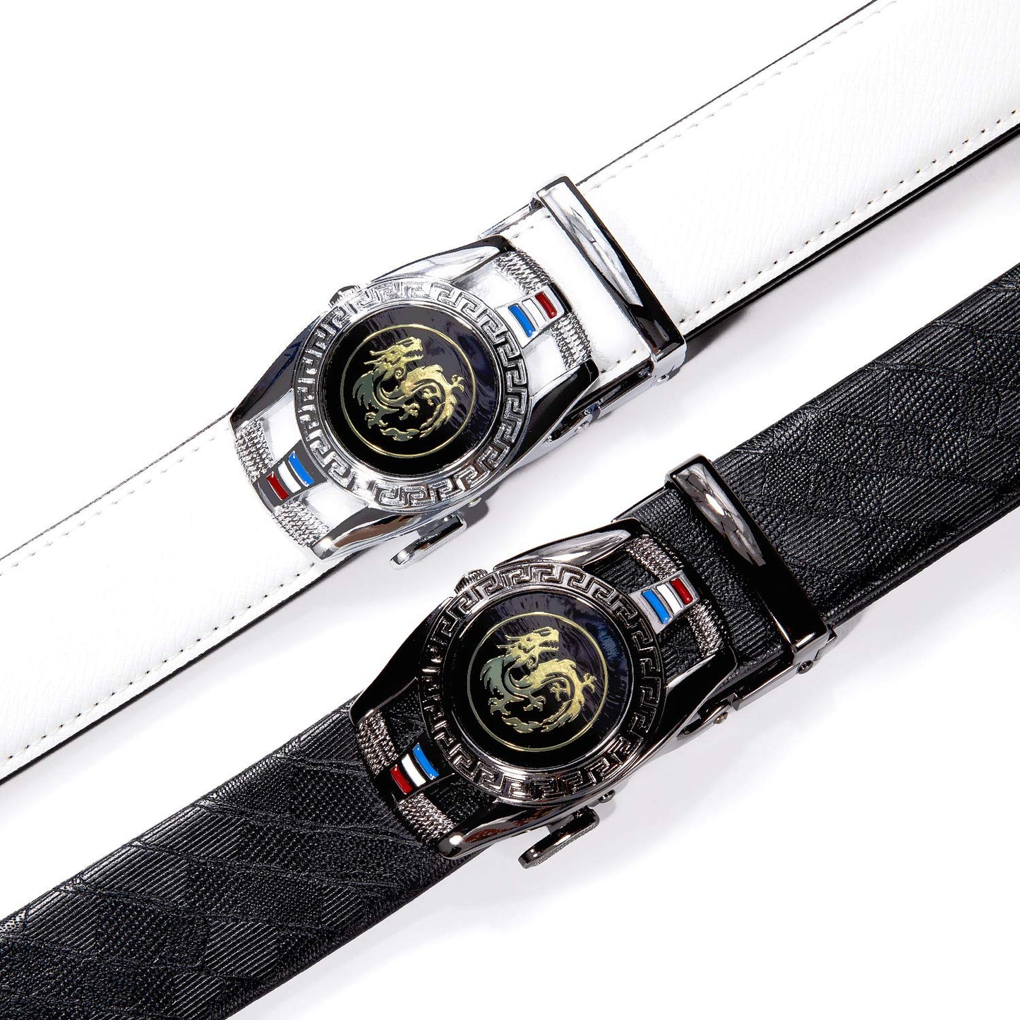 Barry.Wang Mens Ratchet Belt 2 Pack Buckle Gift Set Black Belts Leather Slide White Dragon Strap Adjustable 1 3/8" Wedding Business