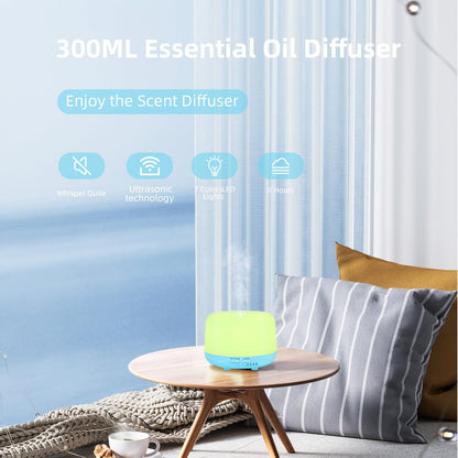 Oil Diffuser Humidifier 300ML,Electric Ultrasonic Air Aroma Diffusers Vaporizer,Scent Mist Defuser with Remote,Auto-Off,7led Color Changing Light for Large Bed Room,Home,Office