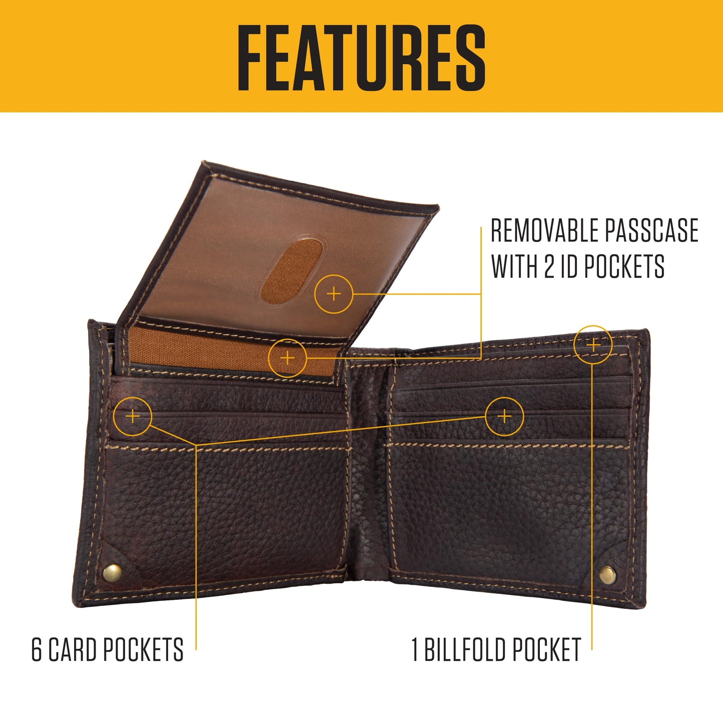 Carhartt Men’s Pebble Leather Full Grain Leather Wallets, Durable Design, Multiple Card Slots, Gifts for Men, Brown (Bifold)