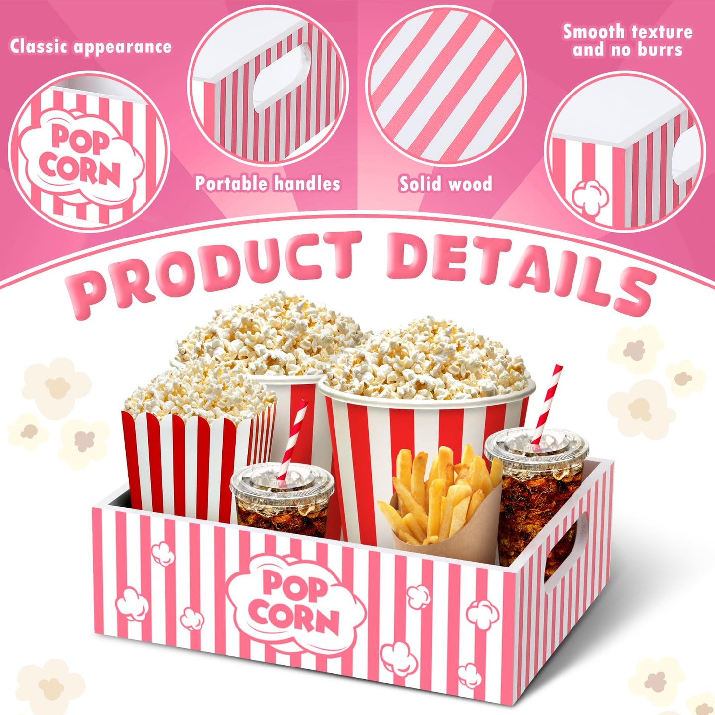 Movie Night Supplies Snack Trays with Handles Reusable Wooden Movie Gift Basket for Theater Popcorn Bucket Bowl Box Container Family Room Decor(Cute)