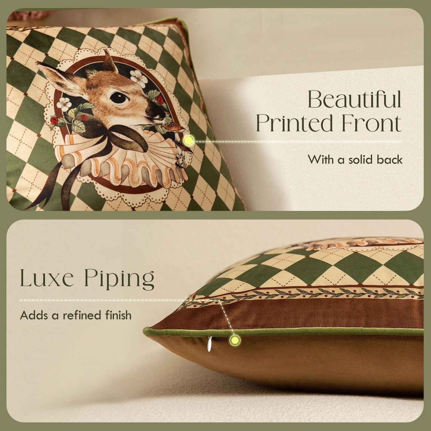 Livebee Deer Checkered Pillow Cover Decorations, Velvet Euro Sham Covers Decorative Throw Pillow Covers 18x18 for Couch Sofa Bed Living Room, Deer Green