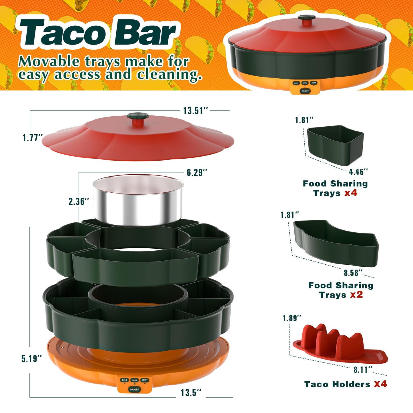 Taco Tuesday Kit, Taco Bar Serving Set for a Party with 3-Temp Control, 33oz Heated Pot, 6 Removable Trays & 4 Taco Holders, Lazy Susan Taco Bar for Burritos, Nachos, and Fajitas, Christmas Gift