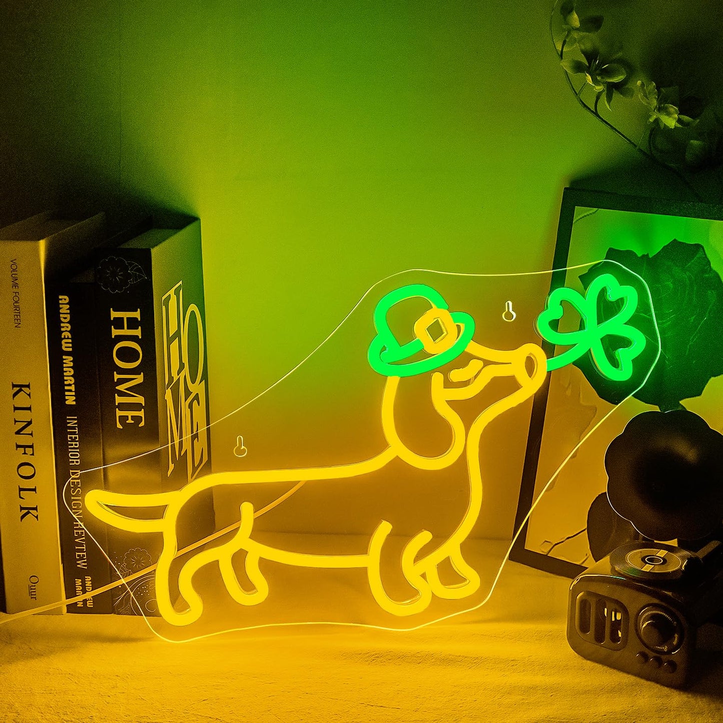 Looklight Shamrock Neon Lights Dog Sign Cute Dachshund With Hat LED Wall Decor, St Patricks Day Window Lights Puppy Sign for Coffee Bars, Birthday Gifts & Dog Lover Party Decorations