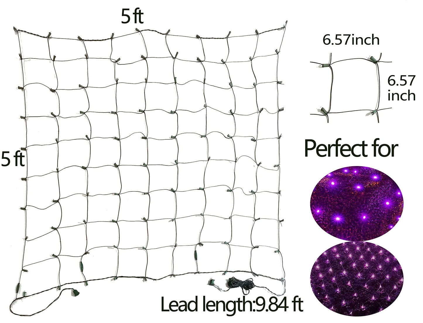 HISHINY Halloween Lights Outdoor,100LED 5ftx5ft Purple Net Lights with Connectable, Waterproof,UL Certified and Durable Green Wire Design for Bushes,Trees, Outdoor Indoor Party Decorations(Purple)