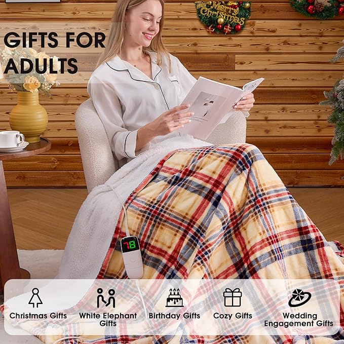 Heated Electric Blanket Full Size,72X84 Heating Blanket,Red Plaid Soft Sherpa Blankets Warmer Gift for Grandma Women Adult,Fast Heating Washable