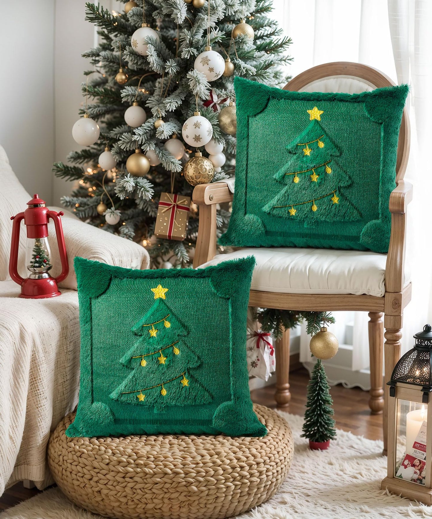 SEGXCFL Christmas Pillow Covers Set of 2 Soft Plush Faux Fur Pillow Cases 3D Embroidered Decorative Couch Cover Home Decor Christmas Throw Pillow Covers 18x18,Green Christmas Tree