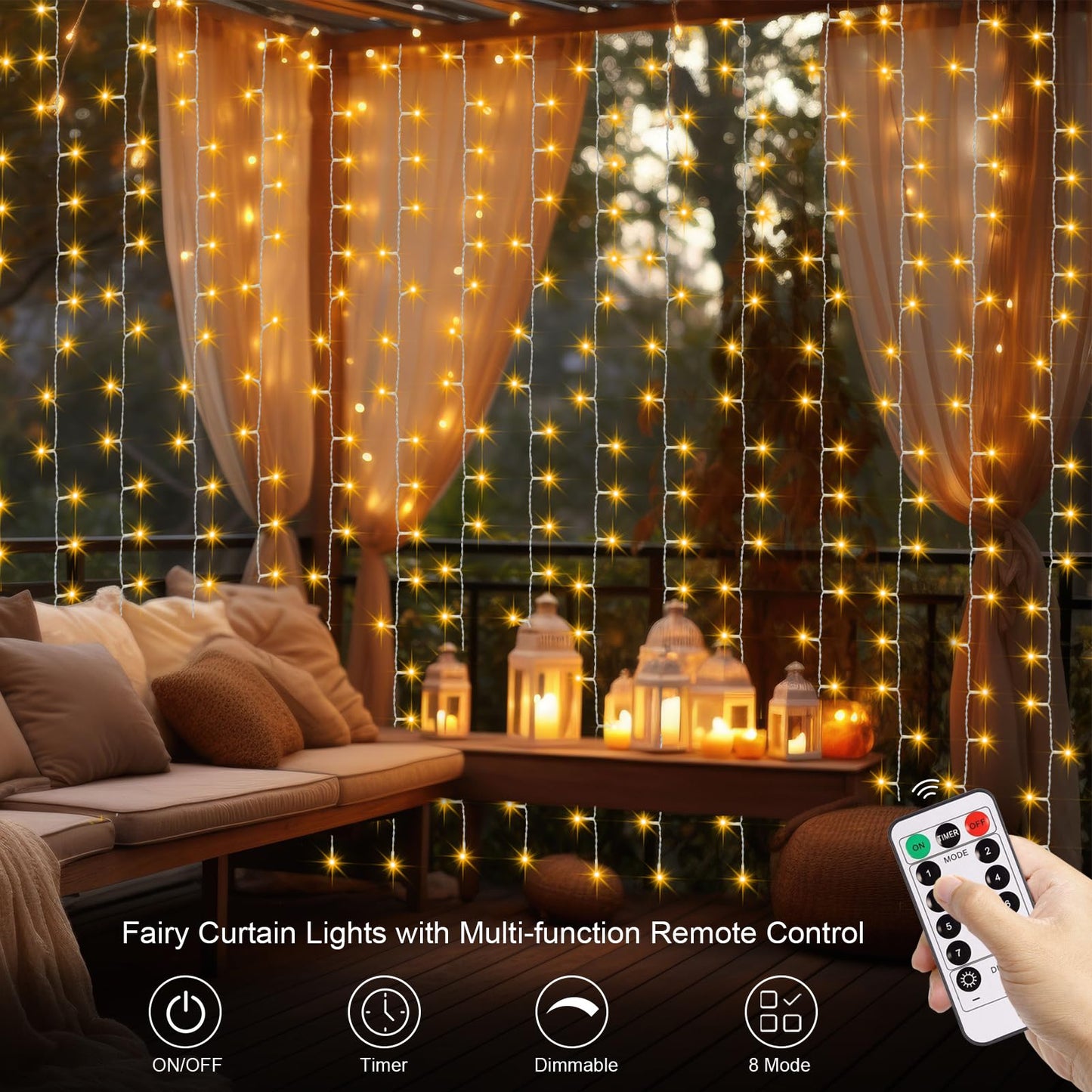 DealBeta Battery Operated Curtain Lights,9.8ft×9.8ft 300 LED Curtain Lights with Remote Timer 8 Modes, Waterproof Hanging Fairy Lights for Outdoor Indoor Wedding Christmas Decor (Warm White)