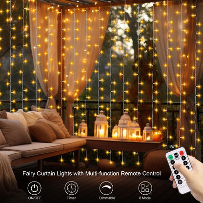 DealBeta Battery Operated Curtain Lights,9.8ft×9.8ft 300 LED Curtain Lights with Remote Timer 8 Modes, Waterproof Hanging Fairy Lights for Outdoor Indoor Wedding Christmas Decor (Warm White)