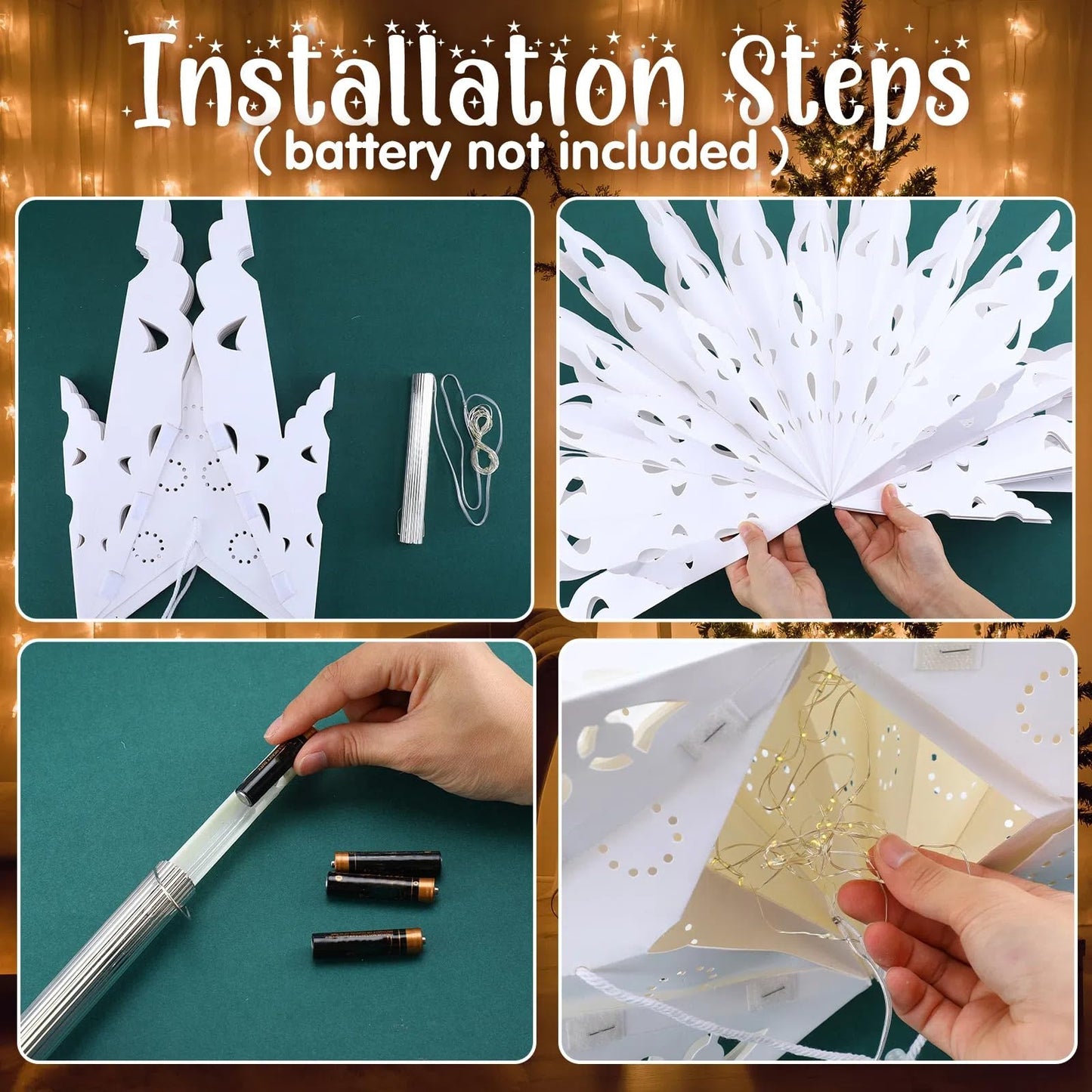 23.6 Inch Christmas Star Snowflake Paper Lantern with Light Timer Paper Lamp Party Supplies Hanging Decoration for Weddings Christmas Trees Birthday Holiday Party Celebration (Classic Style)