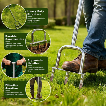 UeKeKicg Manual Core Lawn Aerator, Metal Aerator Lawn Tool with 3 Replaceable Hollow Tine - Semi-Assembled Yard Aeration Tool for Lawn Care, Lawn Aeration, Garden Tool, Revives Lawn Health