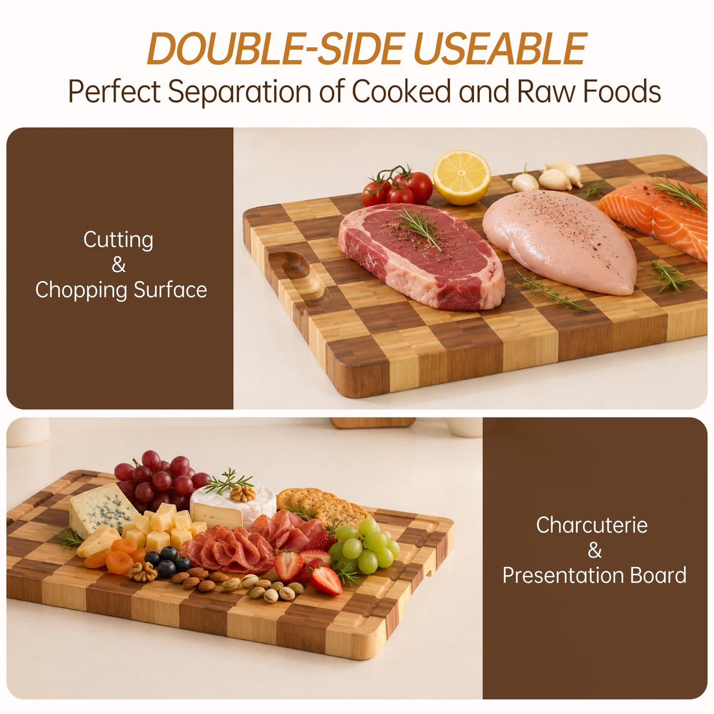 Bamboo Cutting Boards for Kitchen, End Grain Wood Cutting Board with Juice Grooves & Handles, Charcuterie Checkered Chopping Board Thick Butcher Block Serving Tray with Gift Box, 16.5"×11.6"× 1"