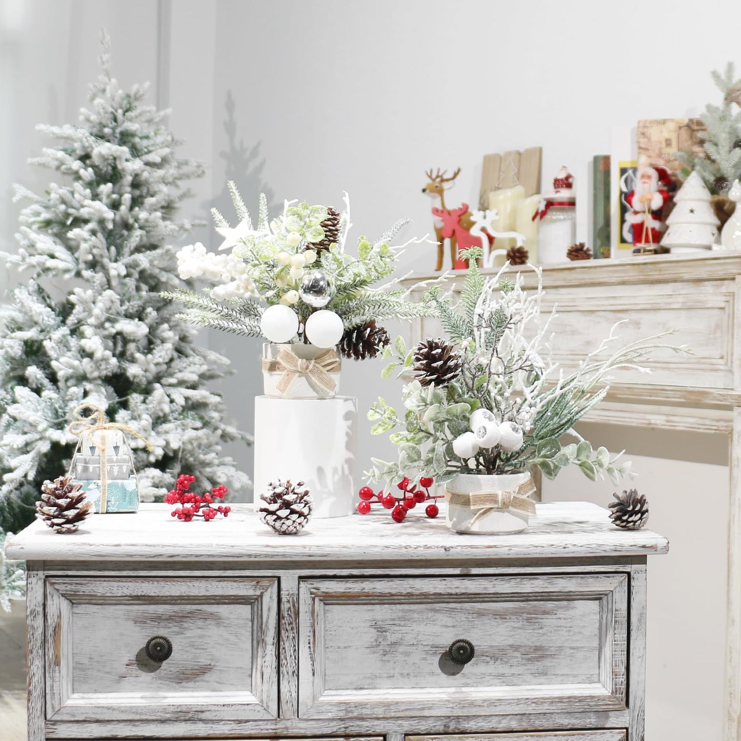JJIALEIXI 2PCS Small Christmas Tree,11" Artificial Little Potted Mini Tabletop Tree Christmas Decorations, for Wedding Holiday Indoor Xmas Party Winter Decor (White/Green/Silver).