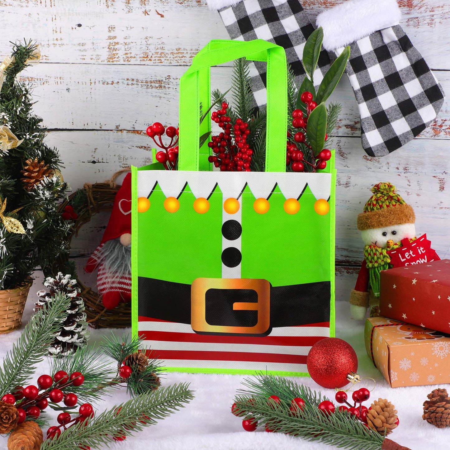 Aneco 12 Pack Christmas Non-woven Bags 9.8 x 7.8 x 9.8 Inches Santa Claus Elves Suit Prints Xmas Gift Bags Holiday Present Party Bag Non woven Treat Storage Sack for Christmas Party Celebrations