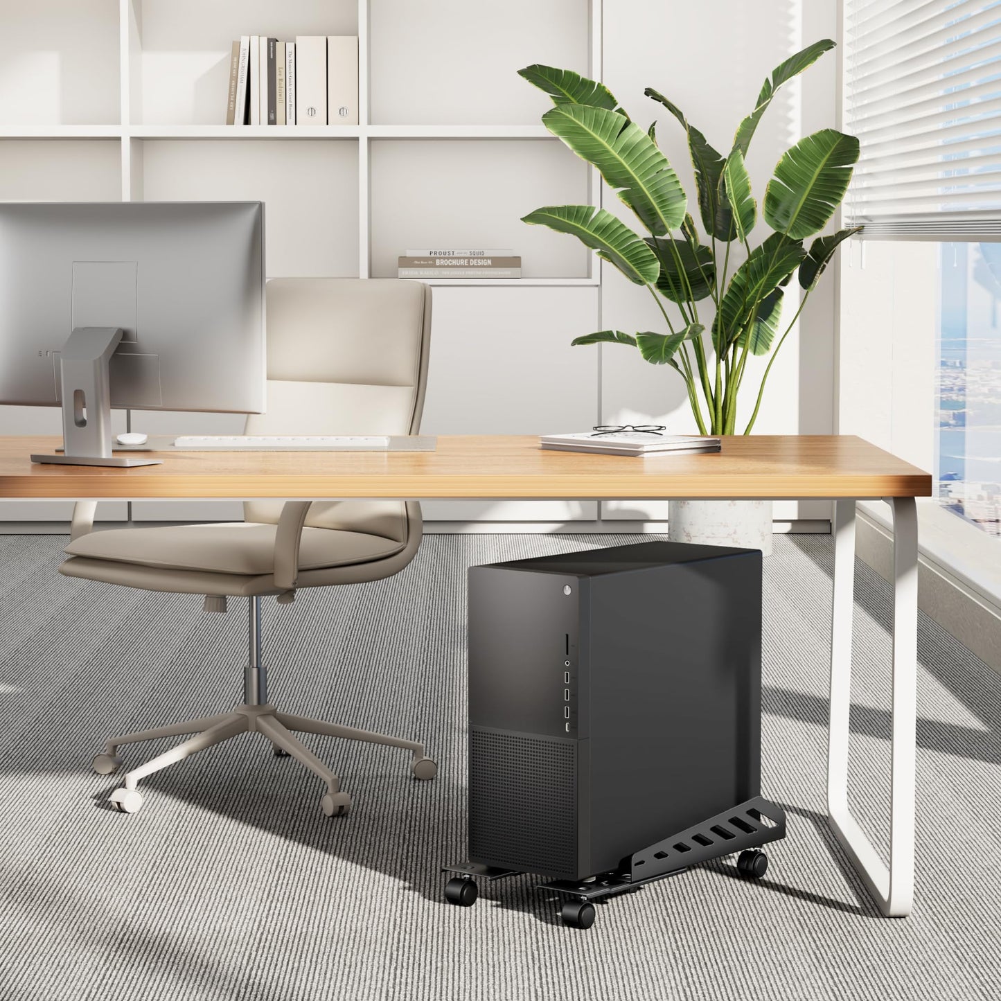 PEGZONE Adjustable PC Stand for Floor(400-510mm D, 160-300mm W), PC Tower Stand with 4 Caster Wheels, Ventilated Under Desk CPU Cart Holder for Office, Gamers, Black