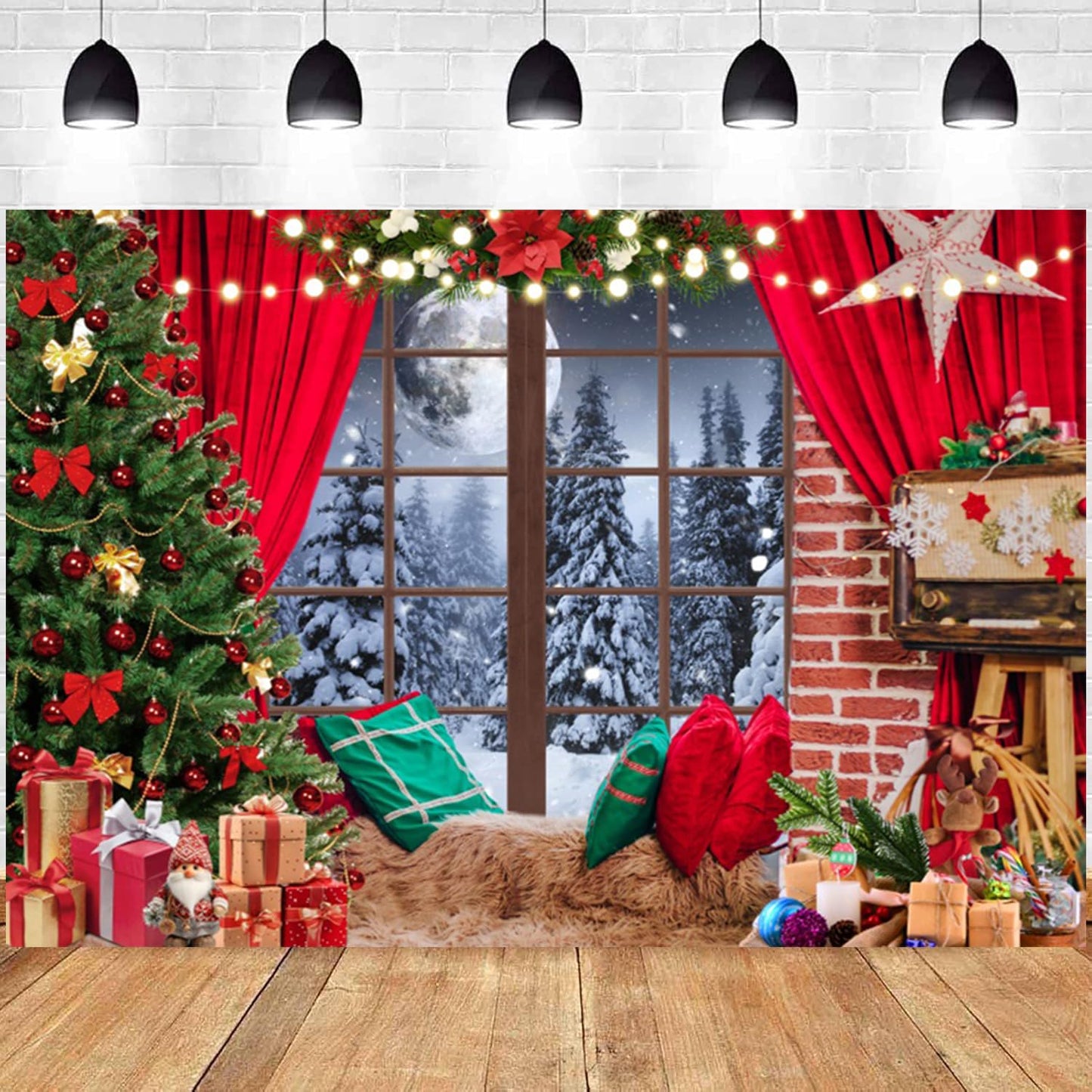 Diasynig 5x3FT Christmas Backdrop Window Red Curtain Xmas Tree Gifts Forest Snow Scene Photography Background Family Kids Winter Holiday Christmas New Year Party Decorations Banner Photo Booth Props