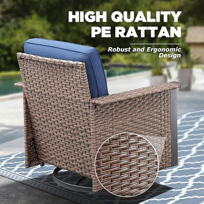 Outdoor Patio Furniture Set Swivel Chairs-9 Pieces All-Weather Wicker 3 Seater Sofa with 2 Ottomans Rattan Side Table, Wicker Sofa Outdoor Furniture for Porch Deck Backyard Brown/Blue