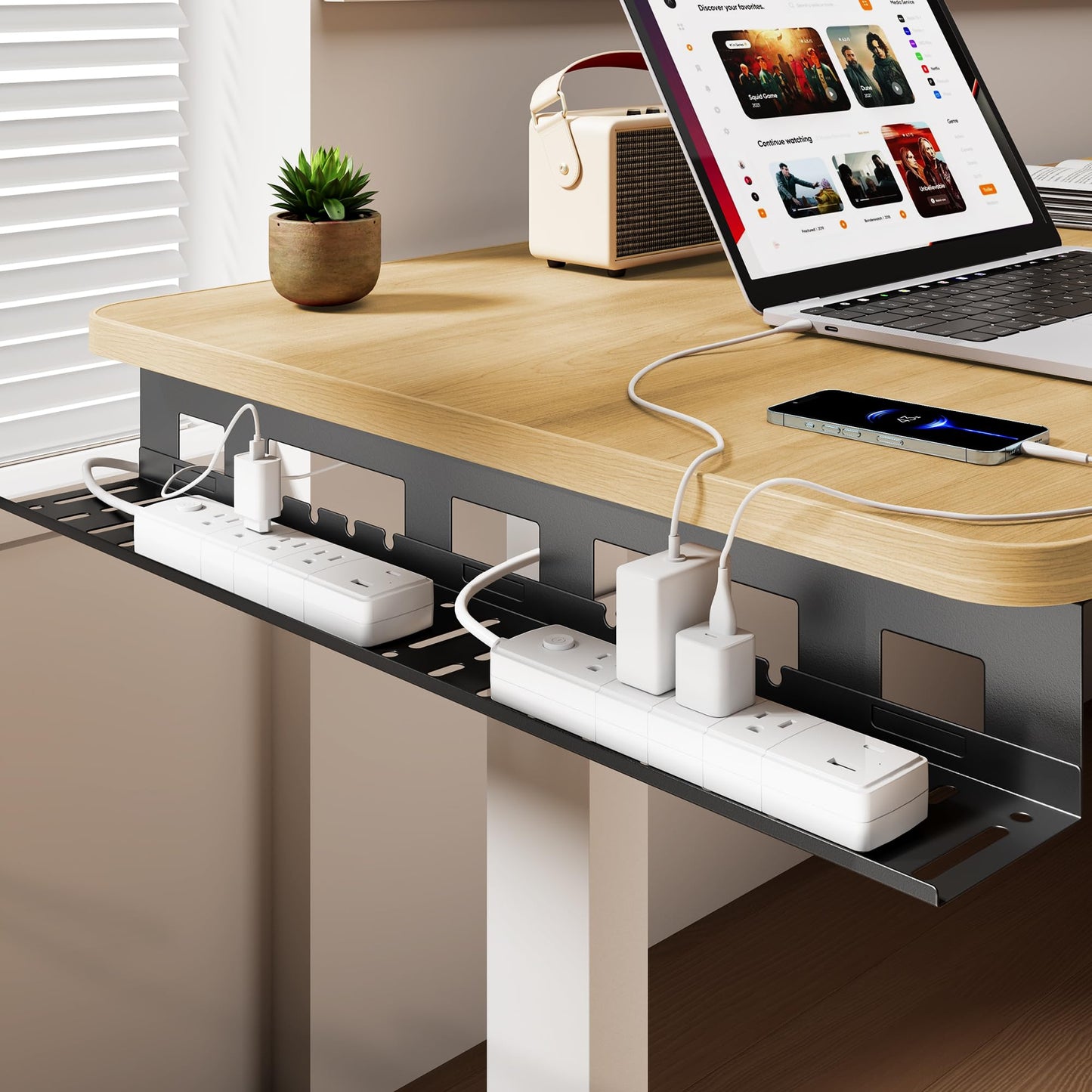 PEGZONE Under Desk Cable Management Tray, 31.5 Inches Metal Cord Organizer Rack, Desk Tray for Power Strip, Cord, Wire, Easy Mounting Cable Management Under Table for Home Office, Black
