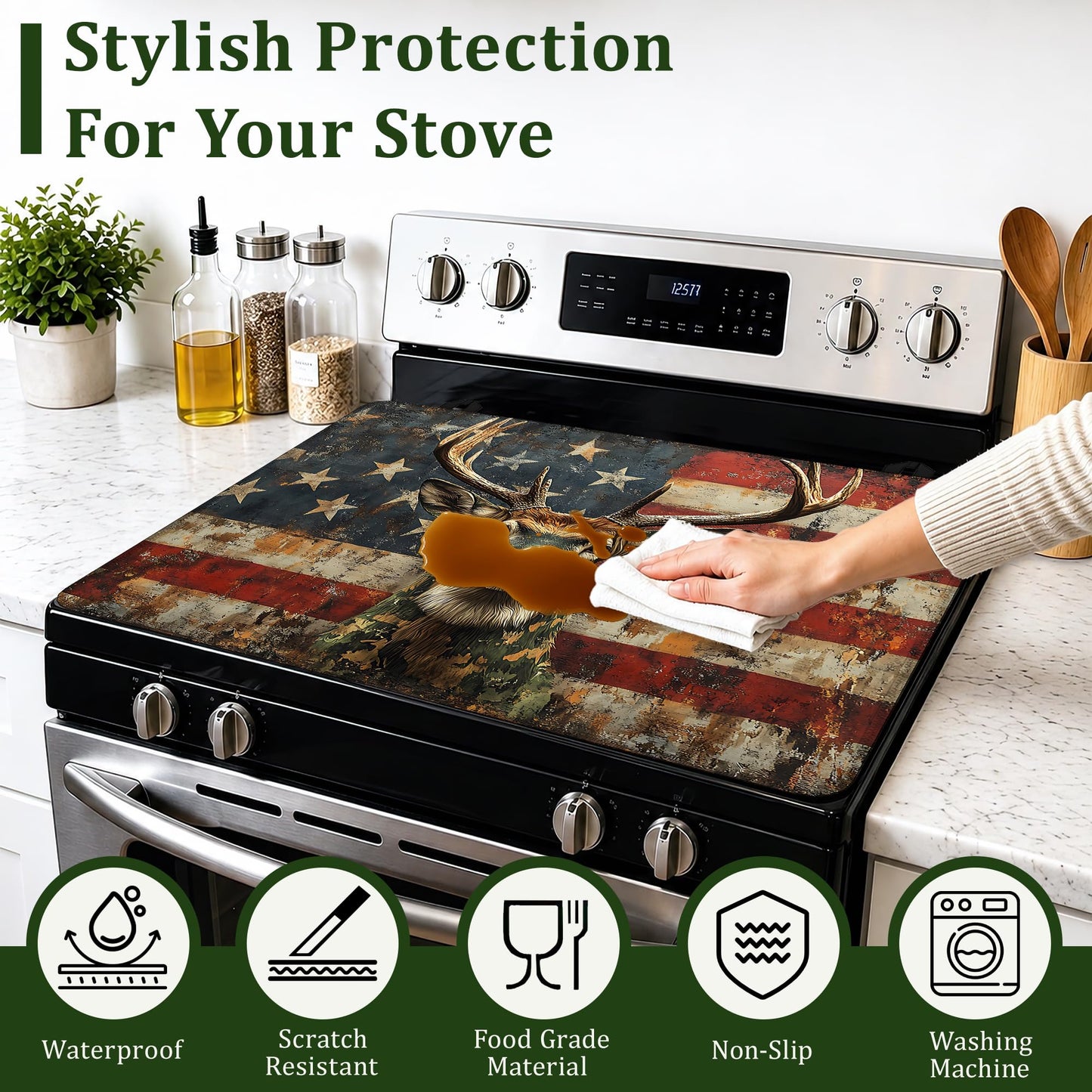 American Flag Electric Stove Top Cover Protector,Grunge Deer Glass Flat Top Stove Mat,Heat-Resistant Oven Induction Cooktop Mat for Ceramic Countertop Mats Dish Drying Mat