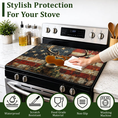 American Flag Electric Stove Top Cover Protector,Grunge Deer Glass Flat Top Stove Mat,Heat-Resistant Oven Induction Cooktop Mat for Ceramic Countertop Mats Dish Drying Mat