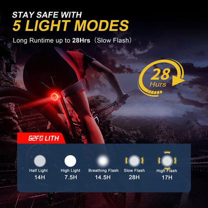 G2FS LITH Brake Sensing Bike Tail Light, Ultra Bright IPX6 Waterproof Bicycle Rear Cycling Safety Flashlight Type C USB Rechargeable, 5 Light Modes Night Ride Hiking, Cycling, Camping