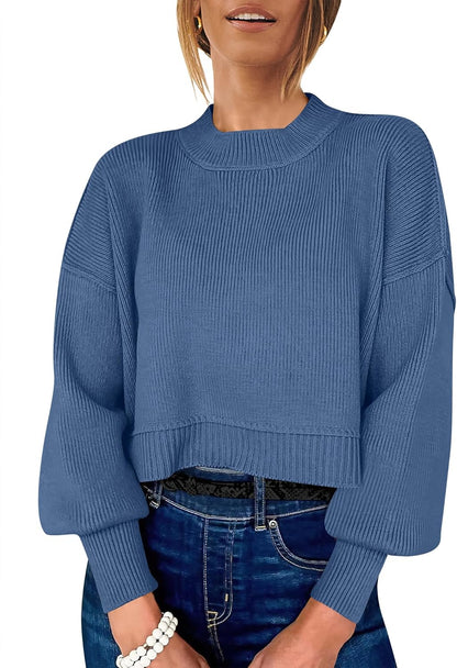 ANRABESS Womens Cropped Sweaters Oversized Crewneck Long Batwing Sleeve Side Slit Ribbed Knit Pullover Tops 2025 Fall Clothes