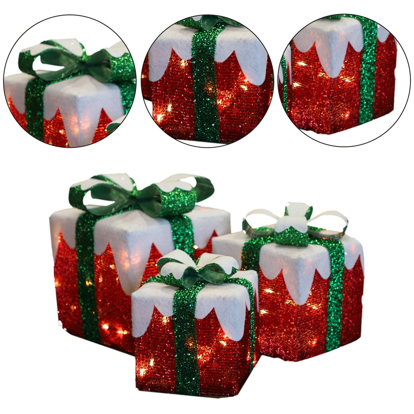 MorTime Set of 3 LED Boxes with Green Bows, Lighted Red Boxes with 60 LED Light String for Christmas Indoor Outdoor Home Yard Party Decoration