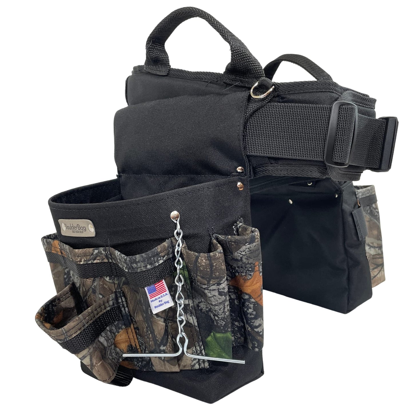 BOULDER BAG Ultimate Electrician's MAX Combo with Comfort Back Support Tool Belt, Quick Release Buckle, Heavy Duty Tool Belt, Camo - Backwoods, (Medium 28-32 Inch Waist), Made in USA