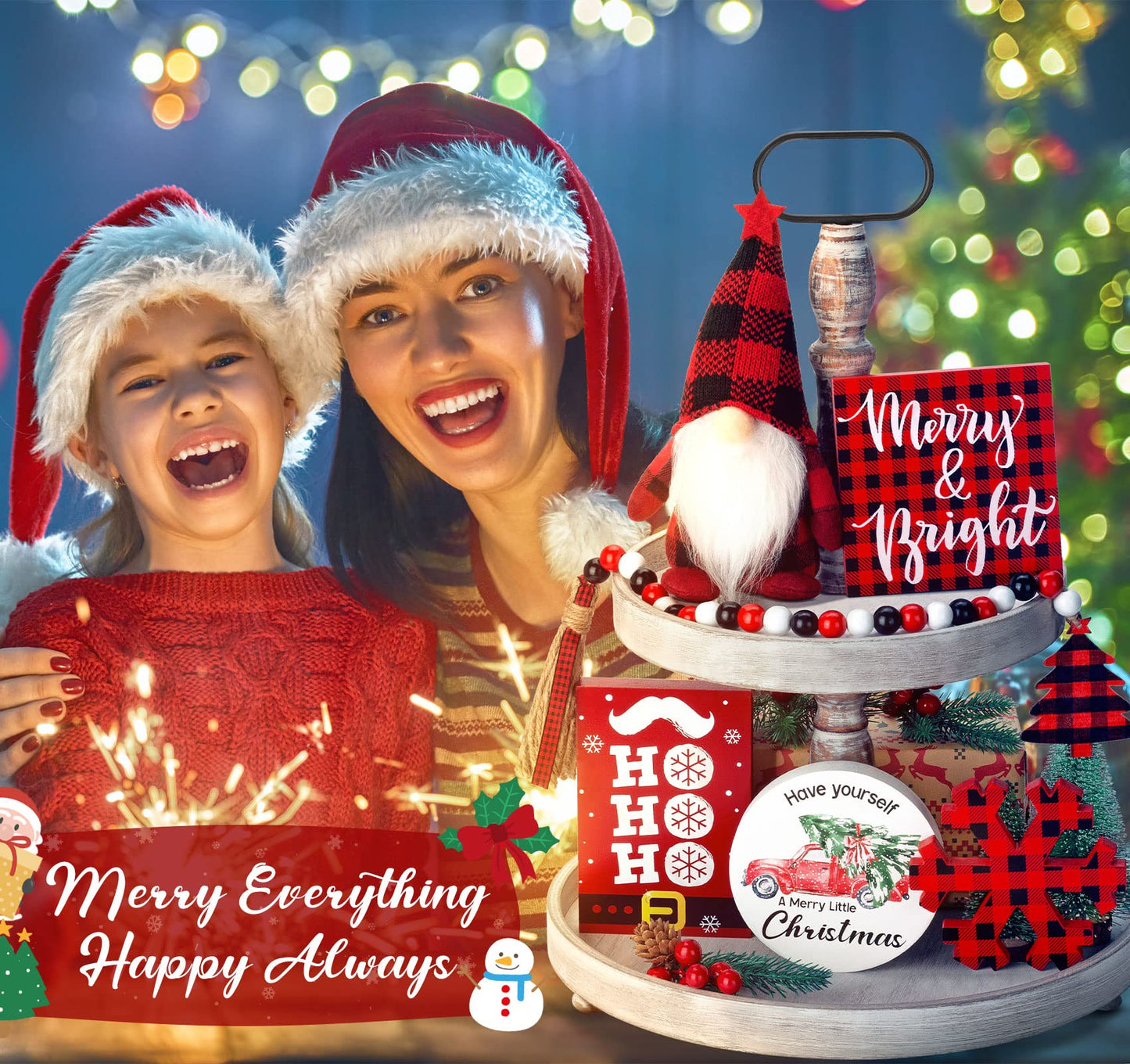 Christmas Tiered Tray Decor 6 PCS Xmas Decorations for Home - Xmas Table Decor Wooden Signs & Buffalo Plaid Gnome Plush Set - Farmhouse Christmas Tray Decoration Kitchen Table Mantel