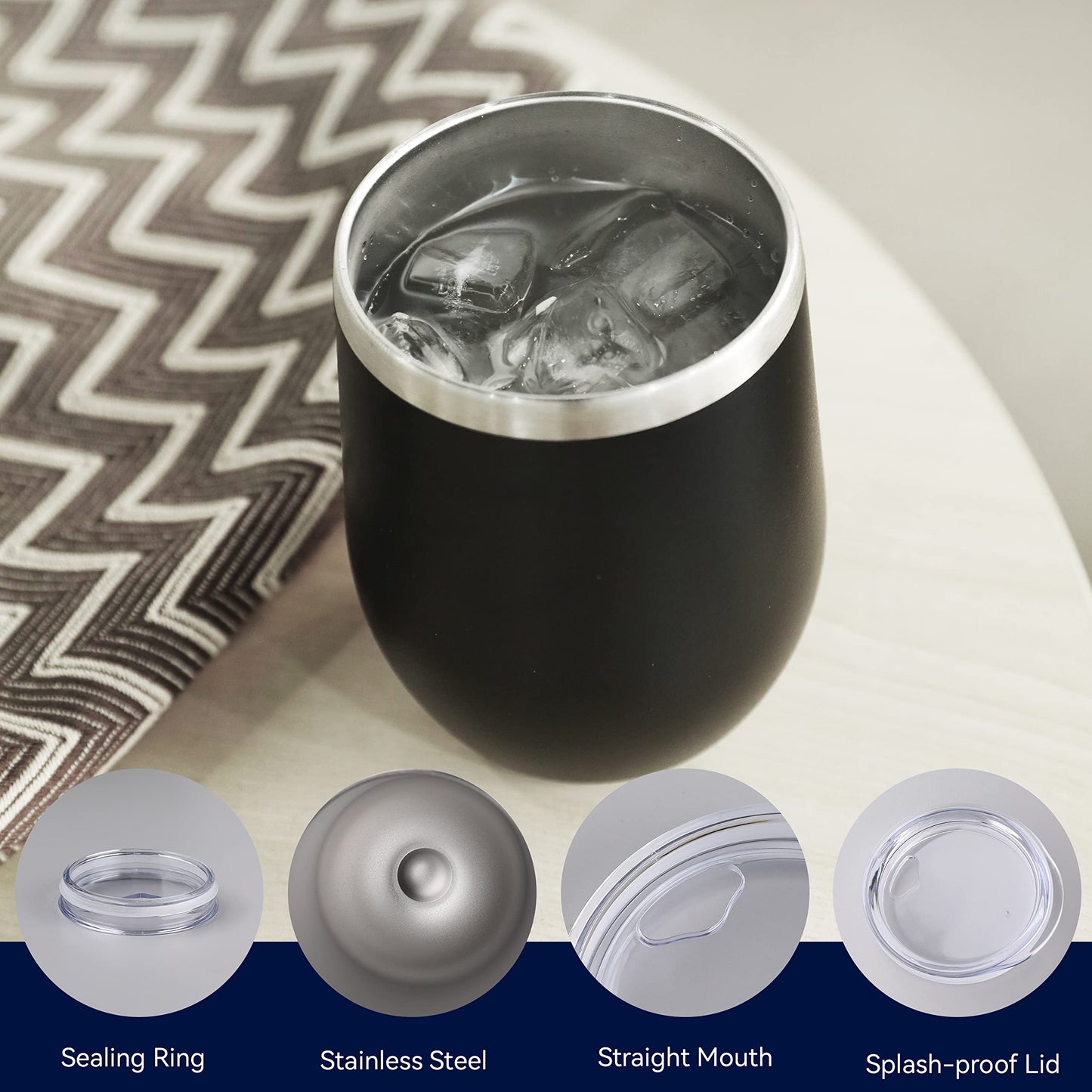 DOMICARE Stainless Steel Wine Tumbler Bulk with Lid, Personalized Insulated Tumblers Set, 12oz Travel Coffee Cups Pack of 12, Black