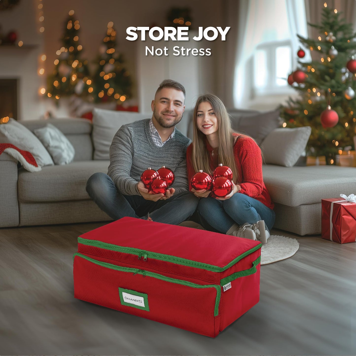 Premium Christmas Ornament Storage Box – Holds up to 72-3” Ornaments + 6 Side Slots for Figurines & Nutcrackers – Holiday Decoration Organizer – Durable 600D Red Canvas