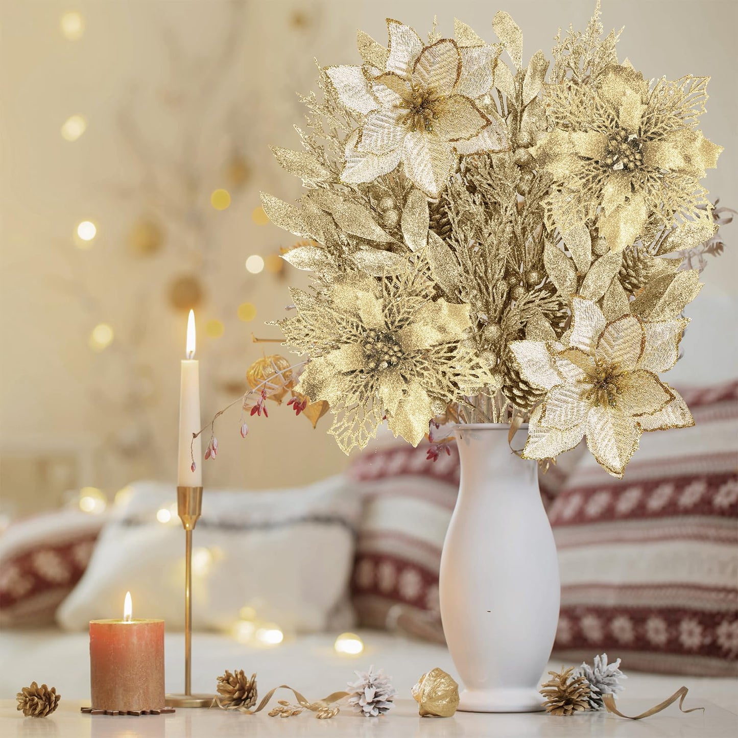 Winlyn 35 Pcs Christmas Artificial Poinsettia Flower Stems and Artificial Leaf Picks Champagne Glitter Christmas Floral Stems for Champagne Christmas Tree Decor DIY Wreath Holiday Floral Arrangement