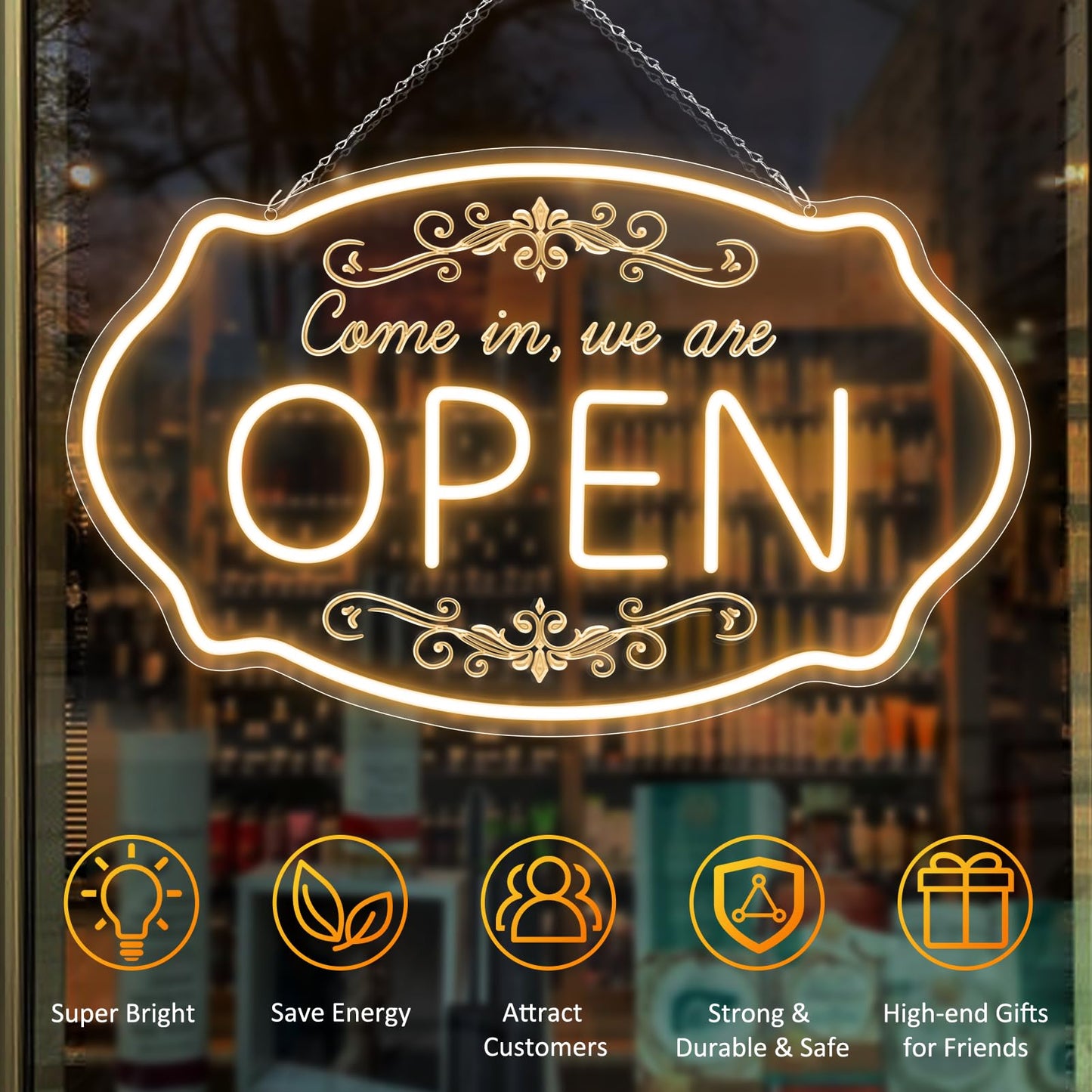 LED Neon Open Sign for Business, 23.5x14'' Come in We’re Open Sign, Warm White Adjustable Brightness Neon Lights for Party, Bar,Salon, Stores, Hotel, Wall Decor, Clubs, Hotels