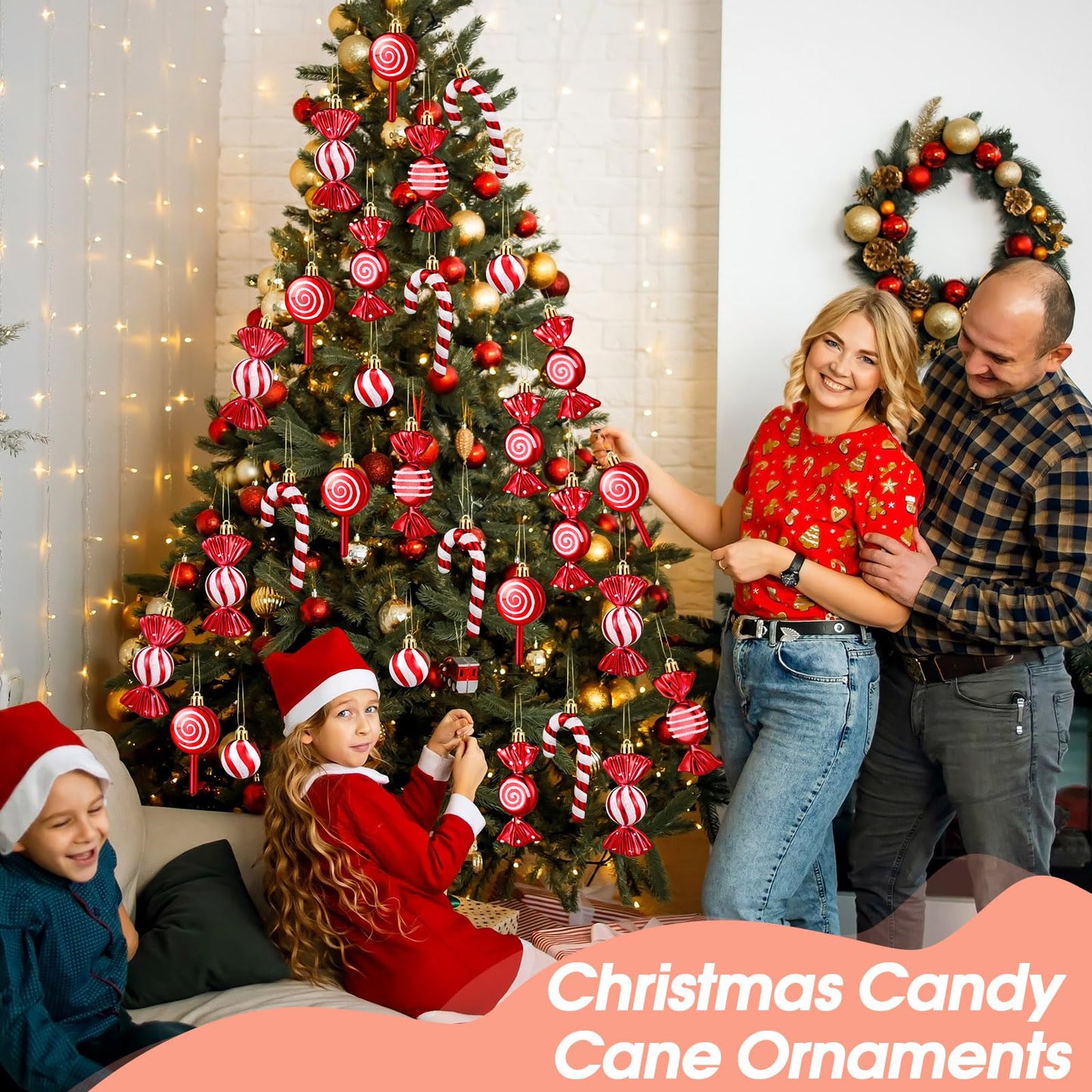 Liliful 30 Pcs Christmas Candy Cane Lollipop Ornaments Set Plastic Holiday Peppermint Candy Home Hanging Ornament Lollipop with Rope for Xmas New Year Party Decor(Red White)