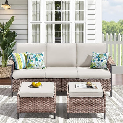 3 Pieces Patio Furniture Sofa Set-Outdoor Wicker Patio Furniture Covered Couch with Multifunctional Ottoman and High Back Outdoor Patio Conversation Set for Backyard Porch Garden Brown/Beige