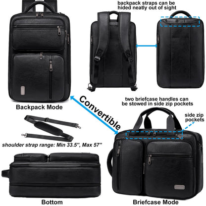 weiatas 3-in-1 Vegan Leather Convertible Laptop Bag for Men Women, 15.6 Inch Waterproof Expandable Backpack, Computer Briefcase, Shoulder Messenger Bag & Weekend Bag for Business Travel Work (Black)