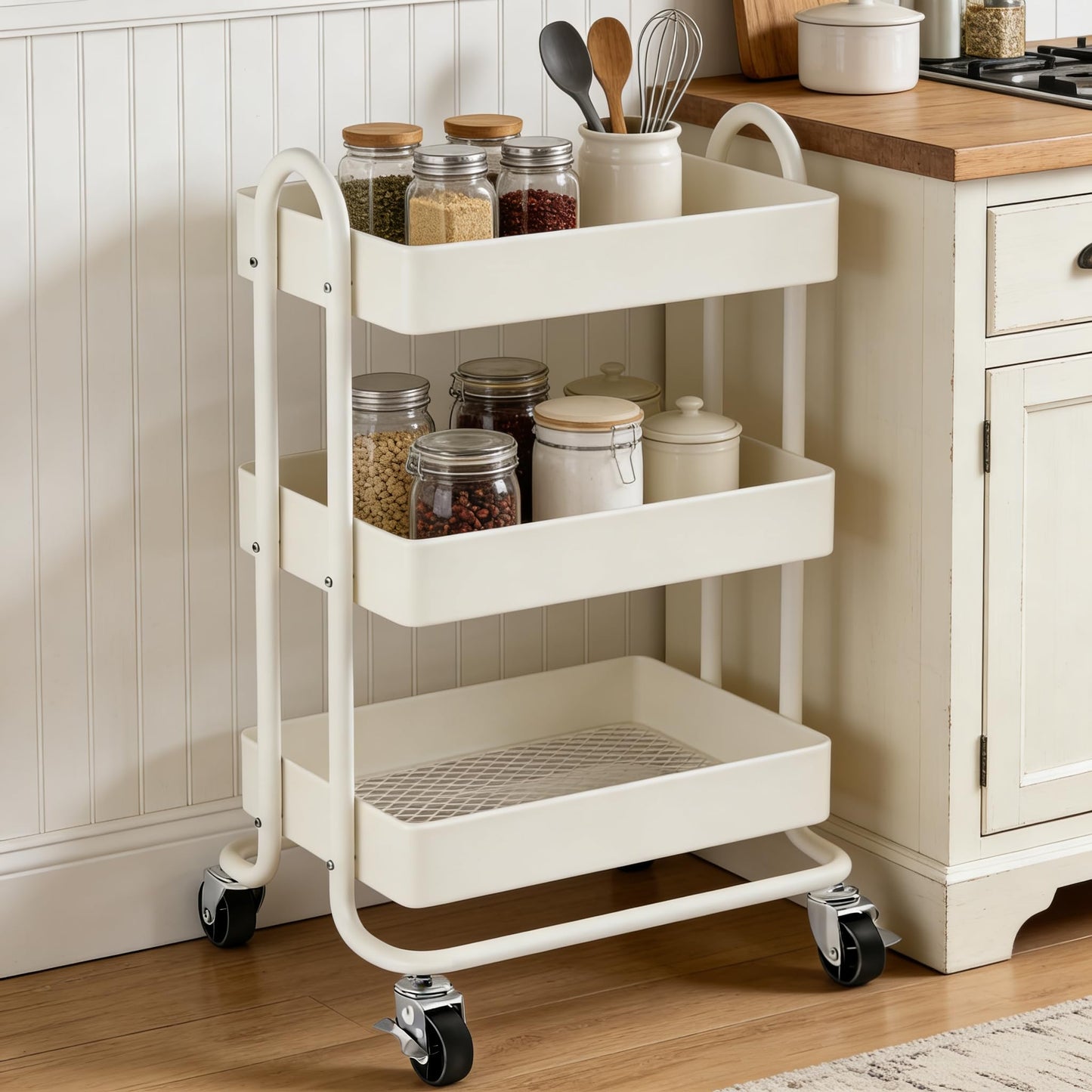 SIMHOMSTOR 3 Tier Metal Rolling Cart, Utility Storage Cart Shelf Organizer with Wheels for Home & Office, Cream