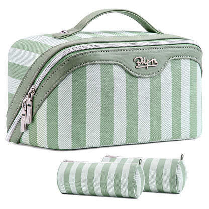 BOYATU Travel Makeup Bag Cosmetic Bag for Women: 3 Pcs Set Striped Make up Bag with Compartments - Waterproof Vegan Leather Toiletry Bag with Handle - Makeup Organizer for Travel Essentials(A-2-Green)