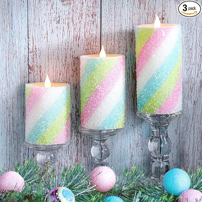Baquler 3 Pcs Pastel Candy Flameless Candles Christmas Candy Stripe LED Pillar Candles Pastel Battery Operated Candlestick for Holiday Party Centerpiece Xmas Home Decoration