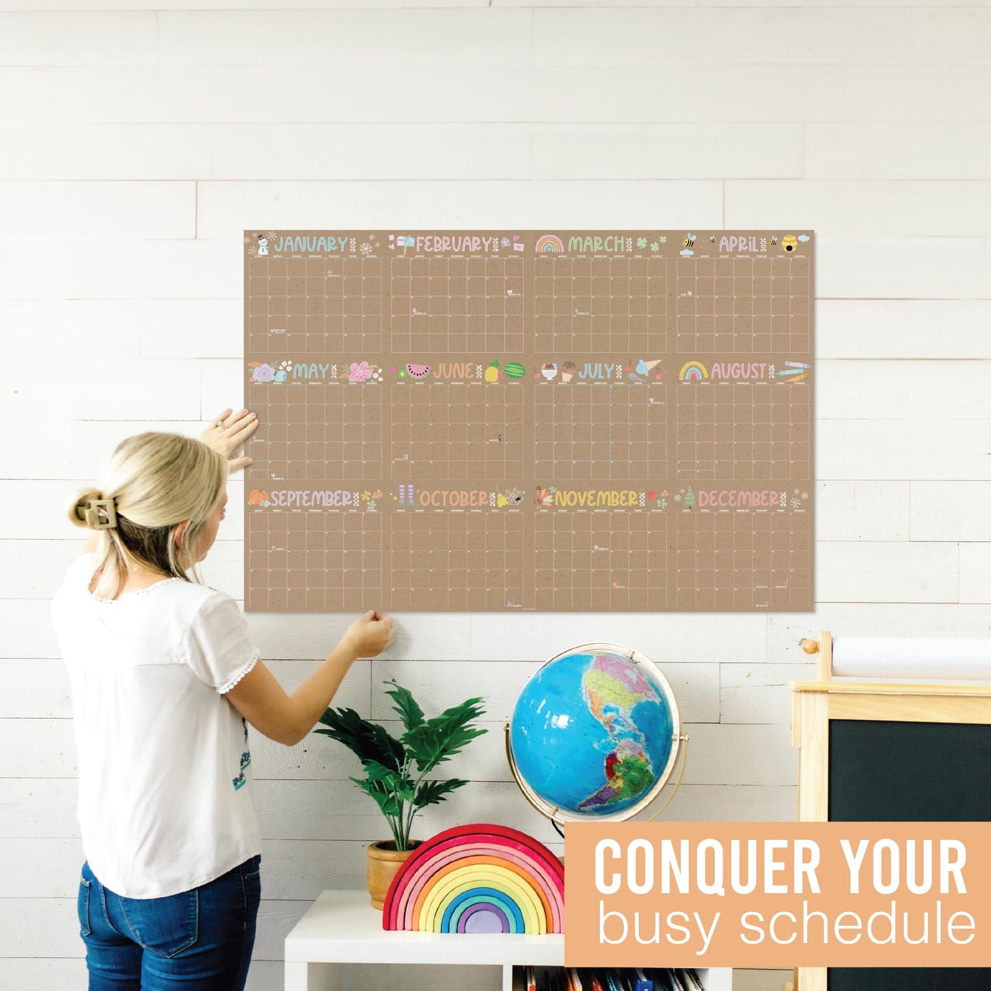 Hadley Designs Yearly Wall Calendar 2026 Large - 12 Month Dry Erase Calendar for Wall, Double-Sided, Reversible, Erasable, Reusable, Full Year Long Annual Planner - Kraft Pastel