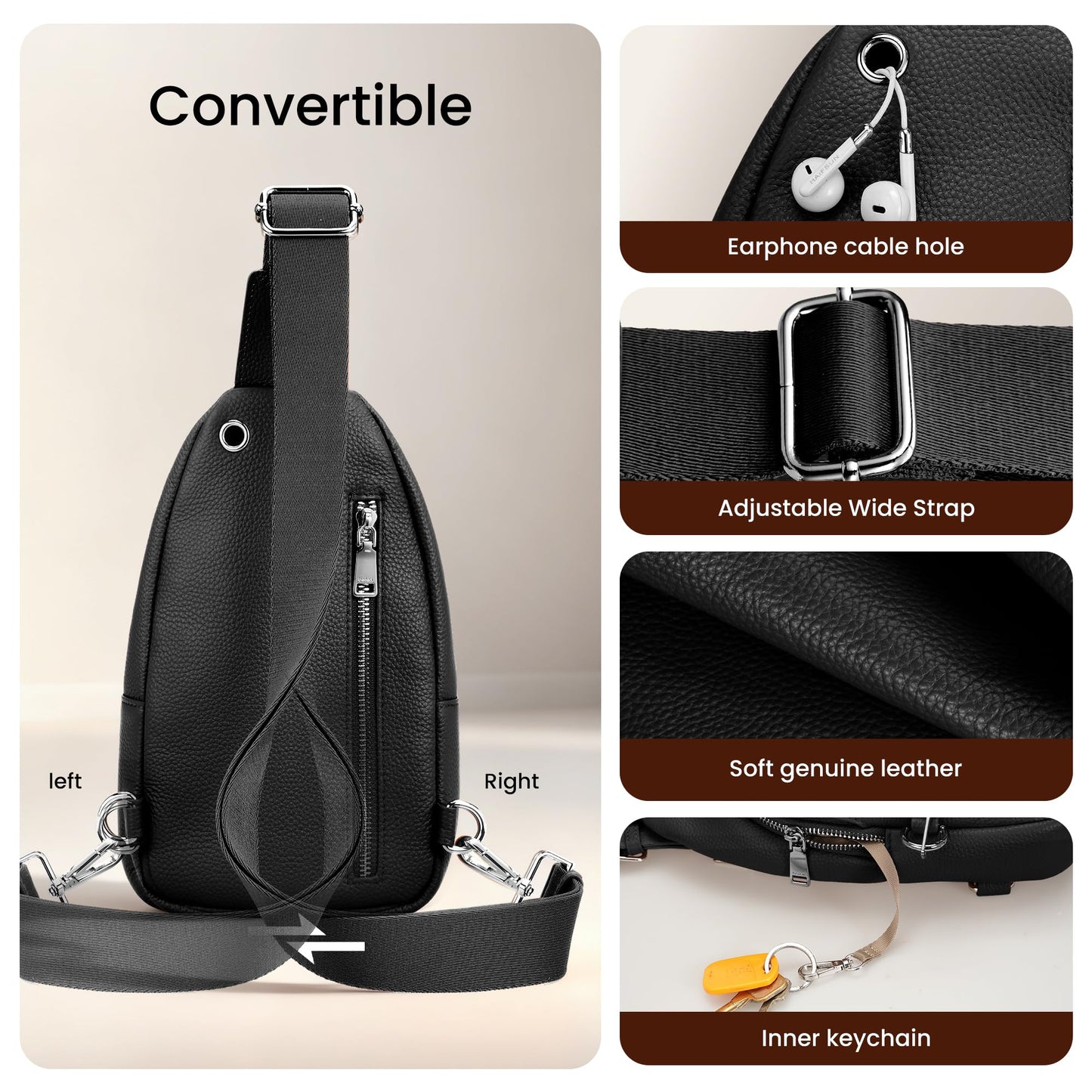befen Black Genuine Leather Small Sling Bag for Women Anti-Theft Crossbody Chest Bags Multi-Pockets Fanny Pack with RFID Card Slots for Travel