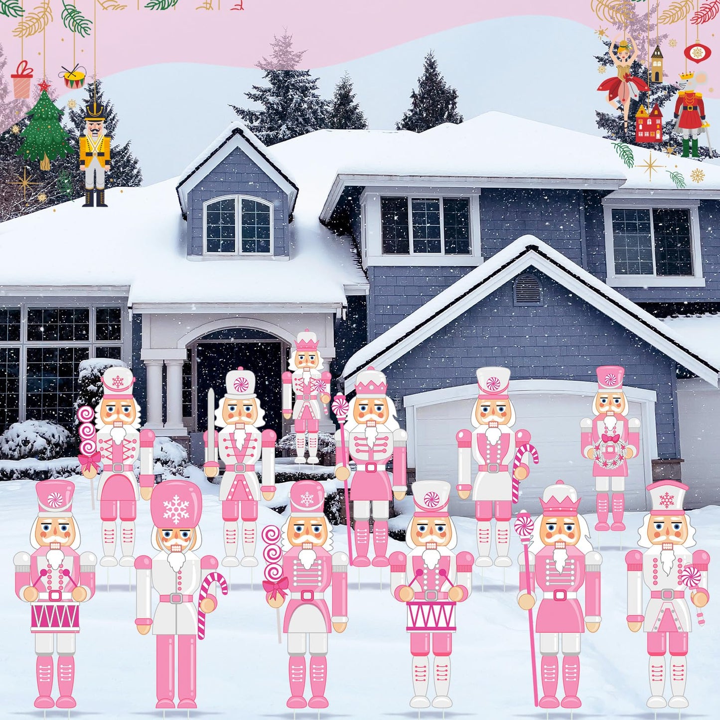 Amyhill 12 Pcs Pink Christmas Nutcracker Yard Sign Outdoor Christmas Yard Decor with Stakes Holiday Xmas Nutcracker Sign Cute Xmas Outside Lawn Decor for Outdoor Porch Garden Pathway Party