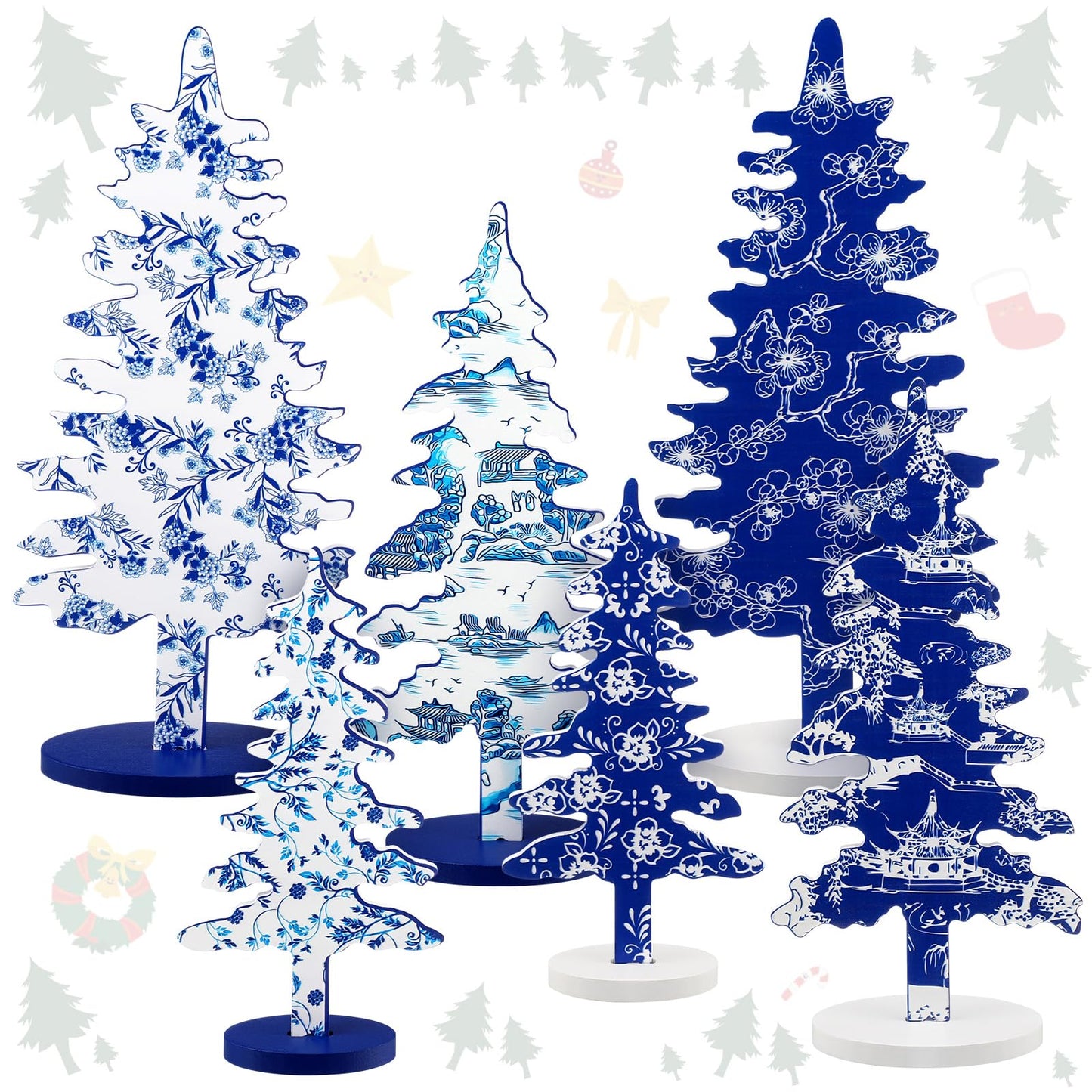 Kigley 6 Pcs Porcelain Christmas Tree Sign Table Decor 6" 8" 10.5" Blue White Xmas Tree Tabletop Christmas Tiered Tray Centerpieces Xmas Gift for Home Mantel Shelf Office Party Windowsill Decoration