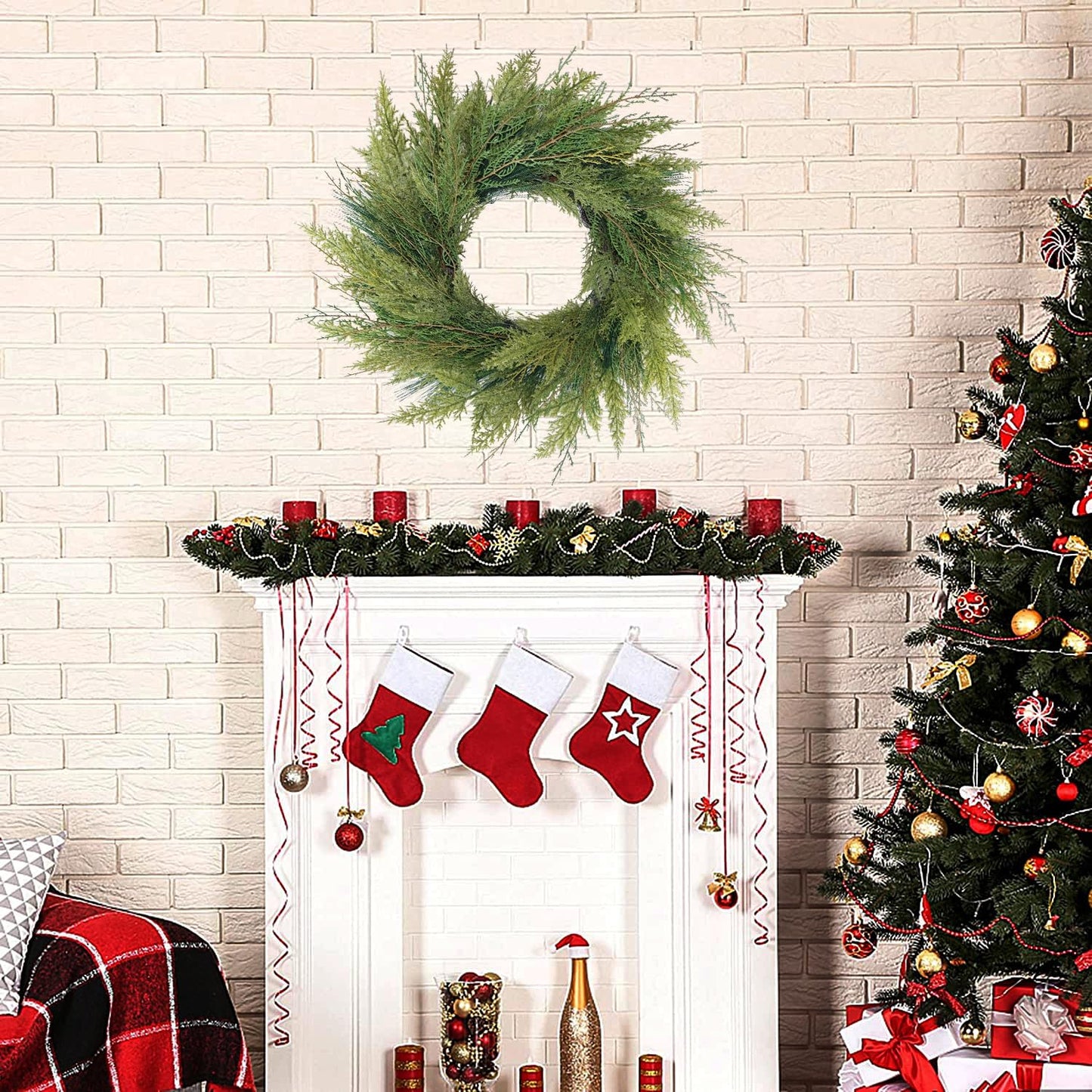 BINFEN 20” Green Faux Norfolk Pine Christmas Winter Wreath – Mixed with Real Touch Fake Cypress, Cedar & Spruce, Xmas Wreaths for Front Door Porch Mantel & Fireplace
